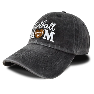Detailed embroidery of Football MOM with heart and rugby ball on washed cotton cap
