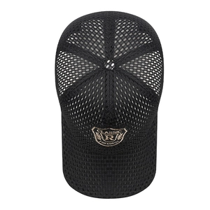 Breathable black mesh baseball cap featuring a shield embroidery with classic letters