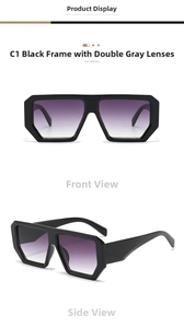 Detail view of large square black frame sunglasses with gradient grey resin lenses