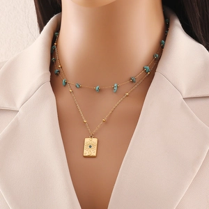 Double Layered Necklace Stainless Steel Turquoise Evil Eye Rectangular Pendant Gold Plated Fashion Jewelry Women