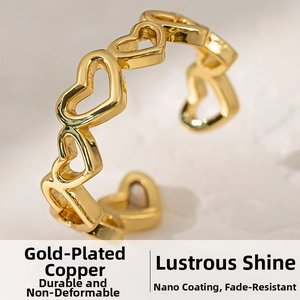 Detail of gold hollow heart ring with high-gloss finish and nano-coating texture