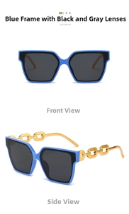Detail of luxury square blue sunglasses with gold chain-link metal temples and gray lenses