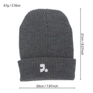 Dark grey knitted beanie with white embroidery and dimensions 21x20cm on white background