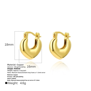 Macro detail of 18k gold plated copper heart hoop earrings with dimensions and weight info