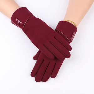 Elegant burgundy winter knit gloves for women featuring decorative side buttons