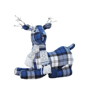 Blue plaid Christmas reindeer plush doll with scarf and twig antlers for holiday decor