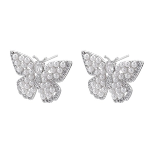 Silver butterfly stud earrings with pearl and cubic zirconia in 18K gold plated brass