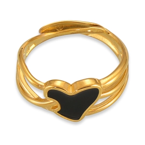 Bague minimaliste en acier titane doré avec un charme de cœur en émail noir élégant