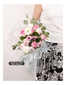 Detail of waterproof OPP bouquet wrap with blue borders and pink roses being held