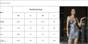 Size chart for metallic silver bodycon dress showing length bust waist and hip measurements