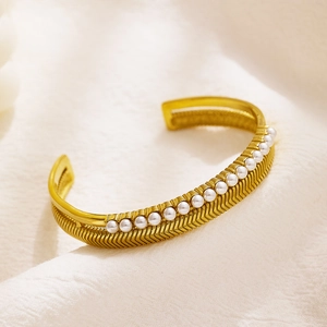 Double-layer fishbone texture stainless steel open bracelet with elegant pearls for women