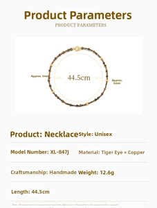 Detailed view of handmade tiger eye stone necklace with dimensions and materials