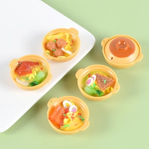 Miniature food models set with seafood noodle bowls and orange soup pot for dollhouses