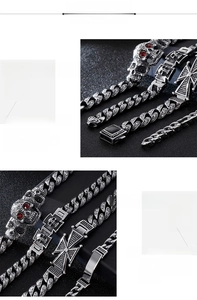 Macro detail of 316L stainless steel punk bracelet with skull and cross casting design