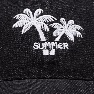Washed black denim baseball cap with white palm tree embroidery and Summer text