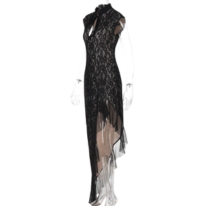 Close-up of intricate black lace texture and floral patterns on this sleeveless dress
