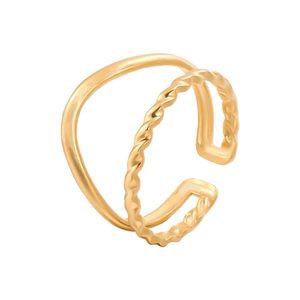 Detail of adjustable golden double-layer ring with smooth and twisted rope texture