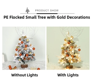 Mini PE flocked Christmas tree with LED lights and gold ornaments on a wooden base