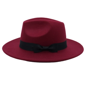 Vintage burgundy wool felt jazz fedora hat with black satin ribbon and bow detail