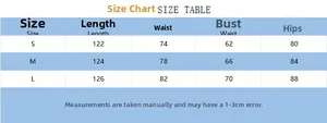 Size chart for the backless maxi dress including length, bust, waist, and hip measurements