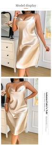 Detail of champagne satin slip dress featuring elegant V-neckline and slim silk straps