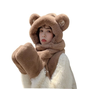 Brown plush 3-in-1 bear ear hooded scarf and gloves set for winter warmth