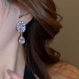 Detail of silver drop earrings with sparkling cubic zirconia on a female model
