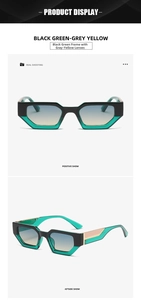 Detailed views of geometric black and green frame sunglasses with grey yellow gradient lenses