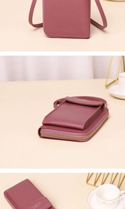 Detailed views of dusty pink vertical PU leather mobile phone bag and zipper wallet details
