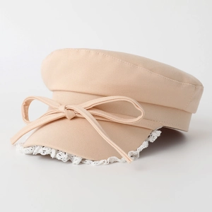 Chic beige cotton newsboy cap with elegant bow decoration and white lace embroidery trim