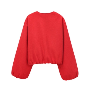 Rear view of a red soft-touch casual pilot jacket with long sleeves and crew neck