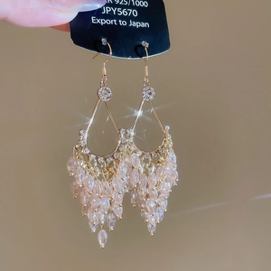 Detail of crystal drop earrings with pink tassel fringes and S925 silver needles