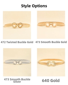 Detail view of gold and silver elastic metal waist chains with various geometric buckles