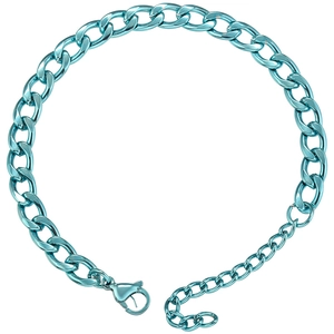 Detail of vibrant teal electroplated stainless steel curb chain with lobster clasp and extender