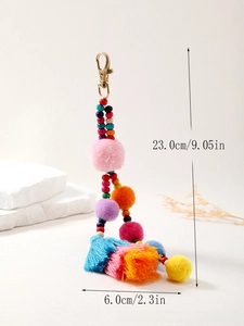 Portachiavi con pompon colorati, nappe e perline in legno, dettaglio altezza 23 cm