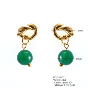 Detail of 18K gold plated bow earrings with green natural stone beads and dimensions