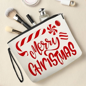 Cream canvas Christmas makeup bag with Merry Christmas candy print and black zipper