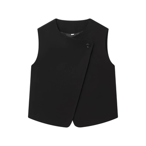 Women's black sleeveless vest with asymmetric buttoned front and round neckline