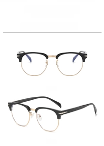 Front and 45-degree angle views of vintage semi-rimless TR90 sunglasses in black and gold