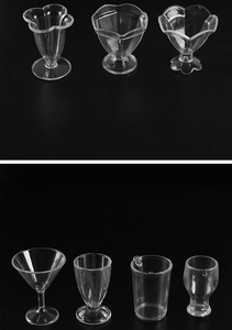 Macro detail of various miniature transparent plastic cups for DIY dollhouse crafts
