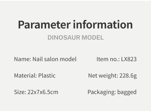 Especificaciones del modelo de dinosaurio LX823 de plástico con dimensiones y peso