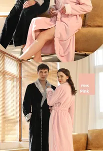 Detail of couple's thick flannel bathrobe featuring plush lapel and waist belt design