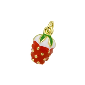 Macro shot of colorful enamel strawberry pendant with gold accents on white background