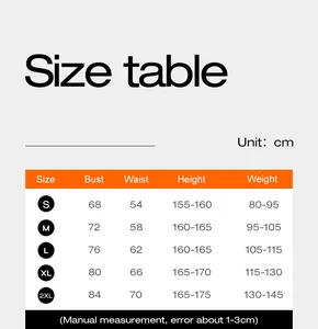 Tableau des tailles pour gilet de sport élastique avec mesures de buste et de taille
