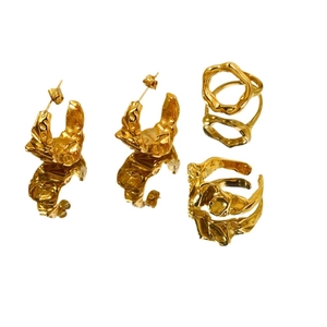 Parure de bijoux vintage en acier doré 18K avec texture lave boucles d'oreilles et bagues