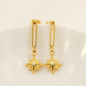 French style 18k gold plated stainless steel star dangle earrings with zircon stone