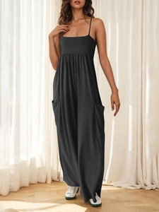 Women's casual black sleeveless jumpsuit with square neck and large side pockets
