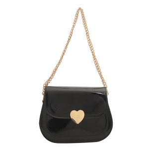 Fashionable black patent leather square bag with gold heart clasp and chain strap