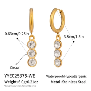 Detailed dimensions of gold stainless steel hoop earrings with three zircon stones