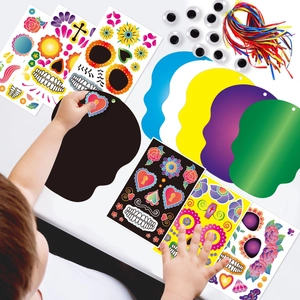 Kids Day of the Dead DIY skull card set with stickers and colorful tassels for Halloween